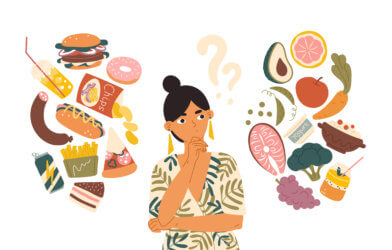 Woman deciding between healthy and unhealthy foods