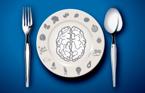 Plate with image of a brain on it and healthy food for diet